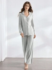 Ocili Leisure Women Solid Color Pajama Set With Long Sleeve Top And Pants - Grey - View 5