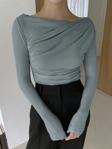 DAZY Women's Solid Color Fitted Cold Shoulder Boat Neck T-Shirt, Spring/Summer,Fall Clothes Long Sleeve Women Tops Off Shoulder Top - Blue - View 3