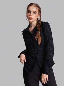 SHEIN 少女纯色前扣长袖休闲衬衫 - 黑色 - 查看 1