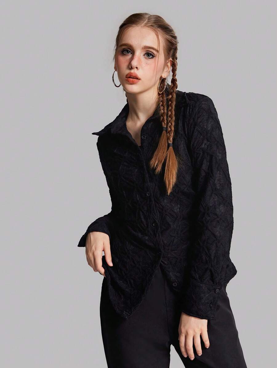 SHEIN 少女纯色前扣长袖休闲衬衫 - 黑色 - 查看 1