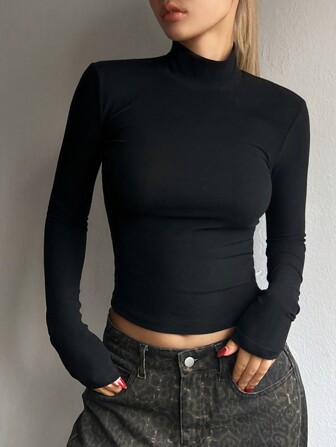 DAZY Women's High Collar Slim Fit Solid Color Long Sleeve Casual T-Shirt, Autumn