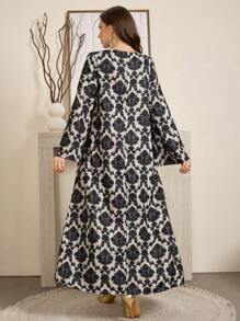 Al Najma Tunique élégante à manches longues avec imprimé intégral col V pour femmes. Robe traditionnelle arabe et Kaftan modeste en ligne A, pour le casual/la maison/la détente extérieure