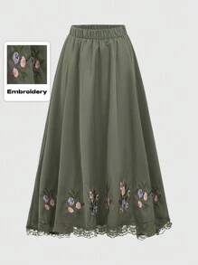 ROMWE Fairycore 花朵刺绣不对称蕾丝下摆半身裙 - 軍綠色 - 查看 1