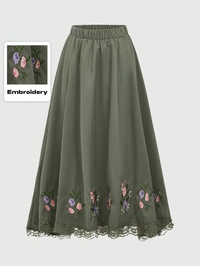 ROMWE Fairycore 花朵刺绣不对称蕾丝下摆半身裙