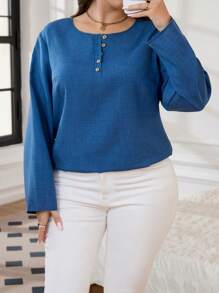 SHEIN LUNE Camisa Plus Size Casual Gola Redonda Botão Decorada, Primavera Outono - Azul - Ver 4