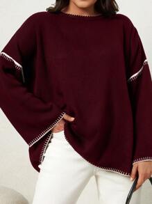EURMUSE Plus Fall & Winter Causal Contrast Trim Drop Shoulder Sweater - Burgundy - View 1