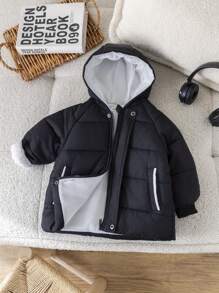 SHEIN Baby Boys Thick  Coat, Hooded, Color Block, Loose Fit, Mid-Length, Pockets, Zipper, Button, All-Match & Versatile, Warm For Home, Outings, And Playing In Snow, Fall/Winter - Black - View 9