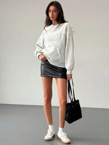 Aloruh Adorable Crew Neck Thermal Lined Bow Accent Pocket Women Sweatshirt - Light Grey - View 5