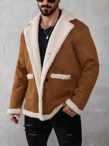 Manfinity Homme Jaqueta Casual de Homem com Recorte Colorido em Falso Pelo, Jaqueta de Inverno Masculina, Cardigã Masculino, Gola Alta Masculina, Flanela Masculina, Couro, Jaqueta Quente com Pelúcia, Roupas de Volta às Aulas - Marrom - Visão 1