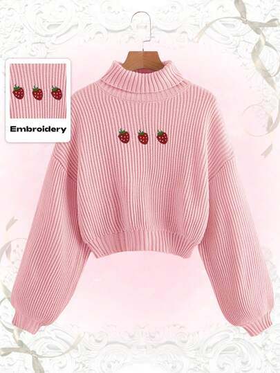 Kawaii Strawberry Embroidery High Neck Jumper