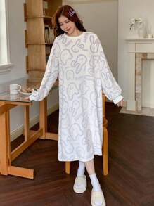 DAZY Cute Animal Print Flannel Oversized Nightgown - Beige - View 5