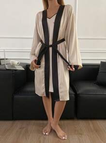 DAZY Contrast Color Satin Letter Print Slip Dress & Robe Pajama Set - Khaki - View 5