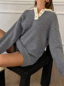 DAZY Women's Casual Color-Block Loose Long Sleeve Sweater,Fall Clothes - Grey - View 1