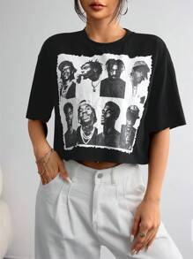 SHEIN EZwear T-shirt ample femme à col ras-du-cou, manches courtes, en tricot de couleur unie, style crop