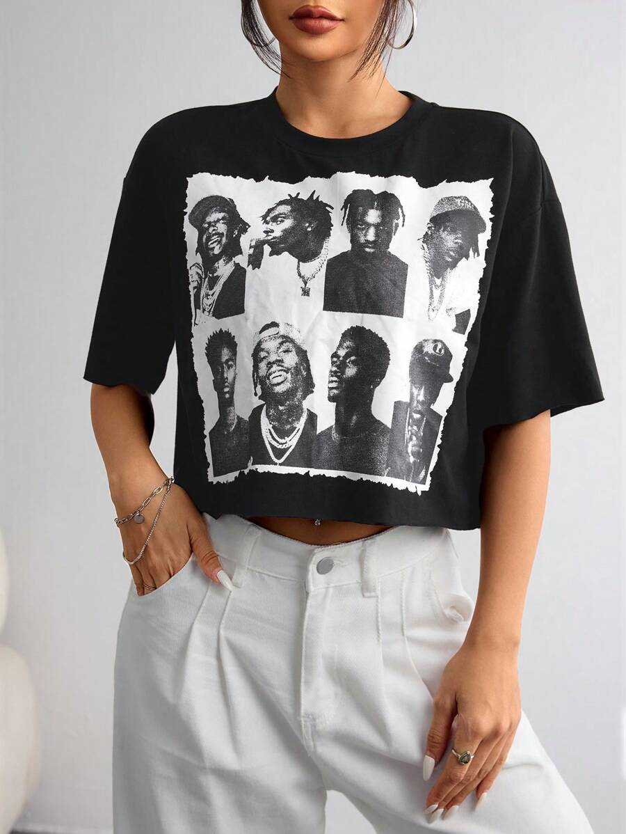 SHEIN EZwear T-shirt ample femme à col ras-du-cou, manches courtes, en tricot de couleur unie, style crop