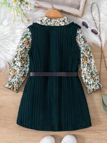 SHEIN Elladie kids 2pcs Young Girl Ditsy Floral Long Sleeve Top And Ruffle Solid Color Round Neck Dress Cute Outfit, Spring & Autumn - Multicolor - View 2