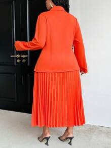 Maweii Plus Size Women's Solid Color Notched Collar Long Sleeve Blazer Jacket And Pleated Mini Skirt Elegant Suit - Orange - View 6