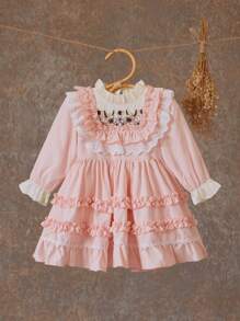 SHEIN Baby Girl Ruffle Collar Floral Embroidered Long Sleeve Dress - Pink - View 1