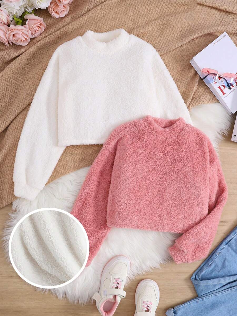 少女纯色落肩泰迪绒法兰绒套头卫衣两件套，适合秋季/秋冬季穿着，时尚百搭。 - 彩色 - 查看 1