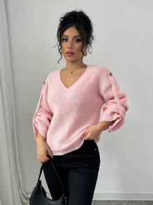SHEIN Unity Women's Casual V-Neck Loose Drop Shoulder Long Sleeve Sweater, Autumn/Winter, Knit Pullover Fall - Pink - View 6