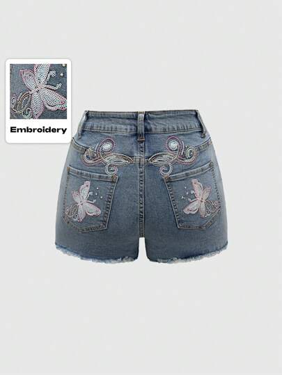 Fairycore Short en jean d'été casual pour femmes avec broderie de perles papillon, pour l'école