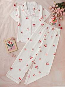 Bộ đồ ngủ tay ngắn in họa tiết quả anh đào Bubble Wrinkle - Nhiều màu - Xem 3