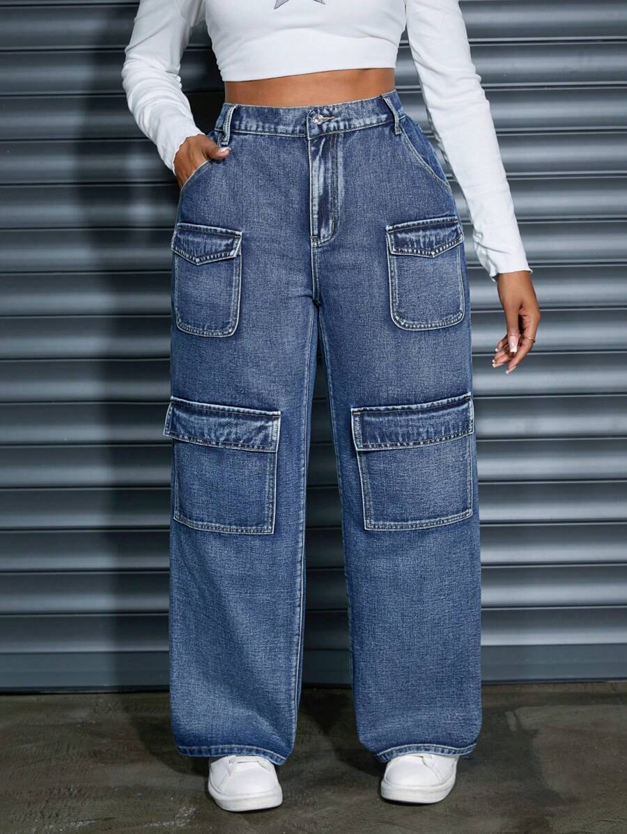 Jeans Femme Pants Cargo Boutonné Baggy Funky Trousers Ample