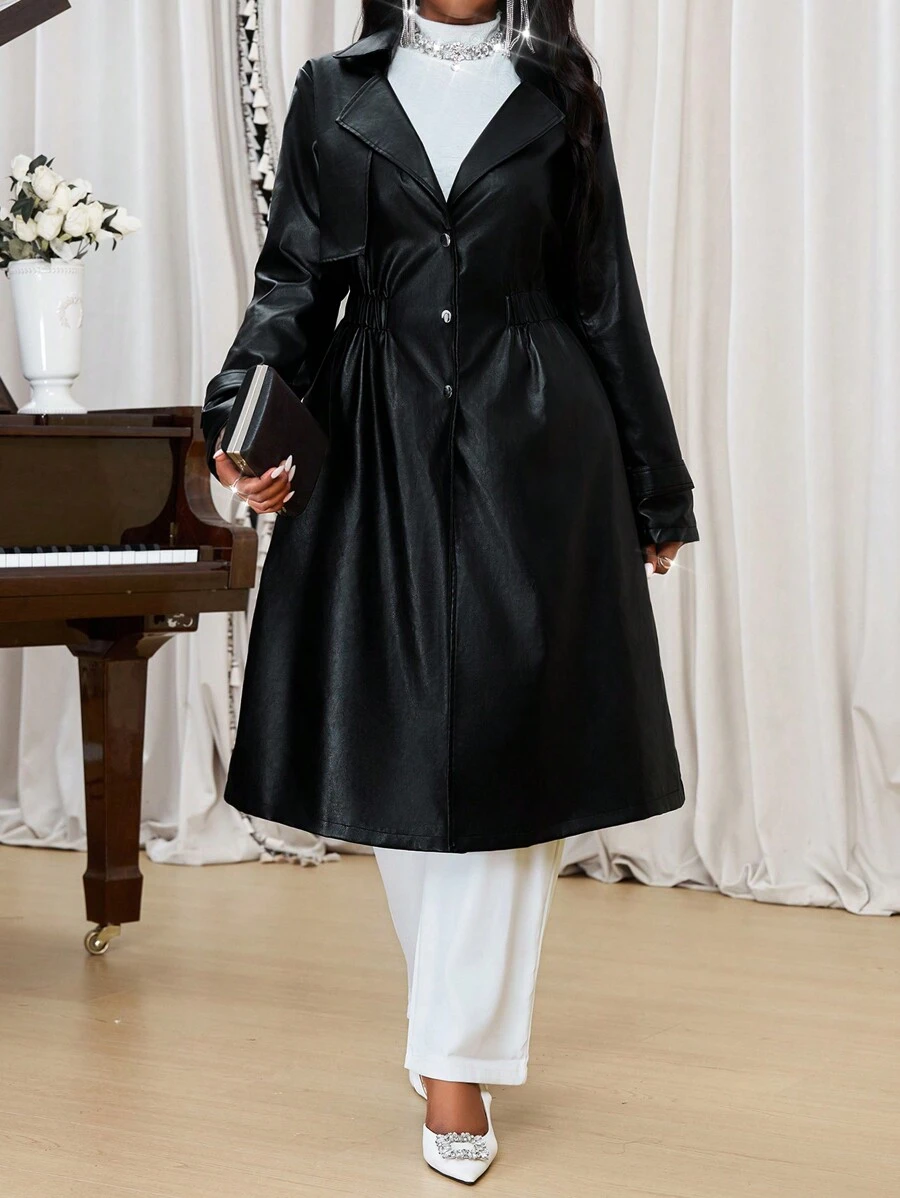 SHEIN Lady Autumn And Winter Elegant Work Office Black PU Leather Waterfall Long Sleeve Plus Size Coats - Black - View 1