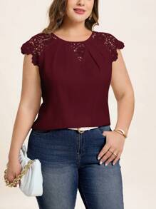 Chikora 大码纯色圆领蕾丝拼布盖袖衬衫 - 玫瑰紅 - 查看 6