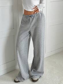 Muchica 保暖内衬罗纹打结纯色休闲针织裤 - 灰色 - 查看 6