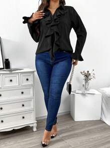 SHEIN Clasi 大碼荷葉邊荷葉袖襯衫 - 黑色 - 查看 6