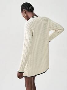 Chiquease 女士撞色镶边拼布口袋麻花针织开衫 - 米色 - 查看 2