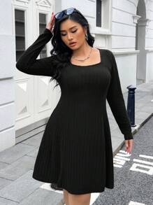 SHEIN EZwear Đầm đen cổ vuông thanh lịch cho nữ cỡ lớn tay dài màu đen - màu đen - Xem 4