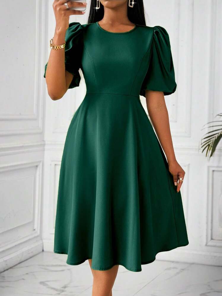 Lunelith SHEIN Lunessa Women's Green Maxi A-Line Dress With Round Neck And  Puff Sleeves, Spring/Summer | SHEIN USA
