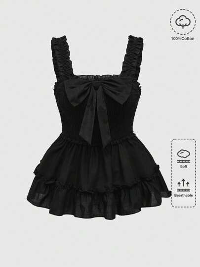 Kawaii Plus Size Doll Cut Cute Bow Decor Babydoll Cami Top