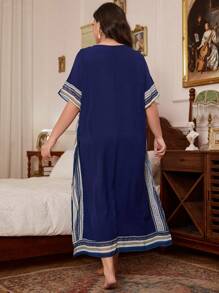 Plus Size Vacation Style Loose V-Neck Geometric Print Chiffon Dress - Navy Blue - View 2