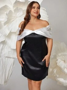 SHEIN Belle Plus Size Women's Elegant,Formal Party Dress,Black And White Off Shoulder Spring Contrast Color Cocktail Semi Formal Prom Dress For Wedding Guest - Black and White - View 6