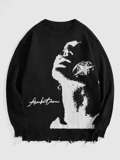 ROMWE Avant Suéter de cuello redondo con gráfico de retrato desgastado para hombre, para otoño e invierno
