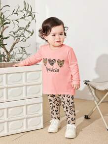 SHEIN Set di top a maniche lunghe con motivo a cartone animato carino e pantaloni con stampa leopardata per bambina