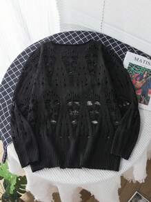 Manfinity EMRG Men's Solid Color Hollow-Out Knitted Sweater For Spring & Autumn, Men Goth Sweater, Black Sweater, Crochet Sweater, Men Knit Sweater, Y2k Sweaters