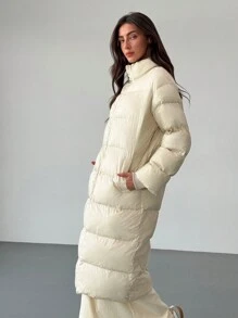 Aloruh Minimalist Commuter Apricot Long Sleeve Wind Resistant Warm Stand Collar Long Women Winter Coat - Apricot - View 3
