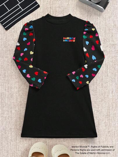 Marilyn Monroe X SHEIN Young Girl Colorful Heart Pattern Print Vintage Mock Neck Puff Sleeve Fitted Dress, Black For Fall And Winter