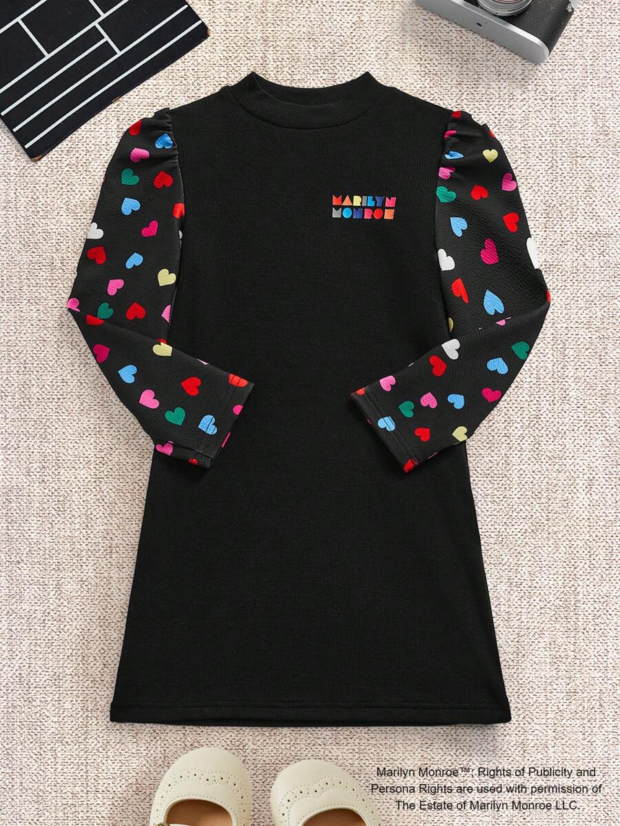 Marilyn Monroe X SHEIN Robe près du corps à manches bouffantes col montant avec imprimé cœur coloré vintage, noir - Noir - Voir 1