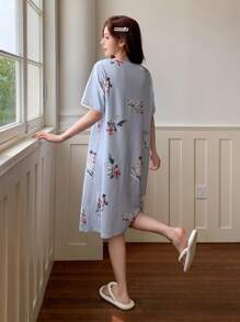 DAZY Floral Print Lace Trim V-Neck Nightgown Pajama - Blue - View 2