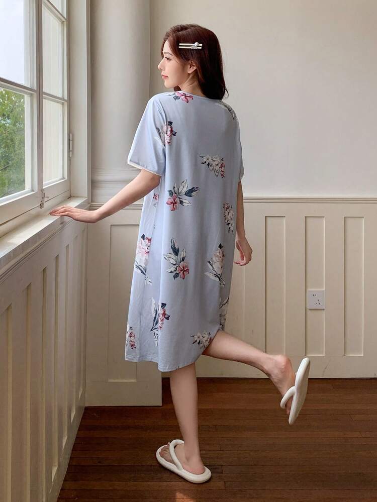 Floral Print Lace Trim V-Neck Nightgown Pajama