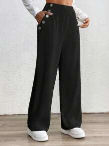 Chiquease Women's Button Decor Patch Pocket Loose Straight Casual Pants Fall Cloth For Women - Black - View 4