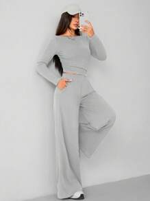 SHEIN PETITE 秋冬女针织修身上衣+阔腿裤休闲舒适家居深灰色两件套 - 淺灰色 - 查看 5