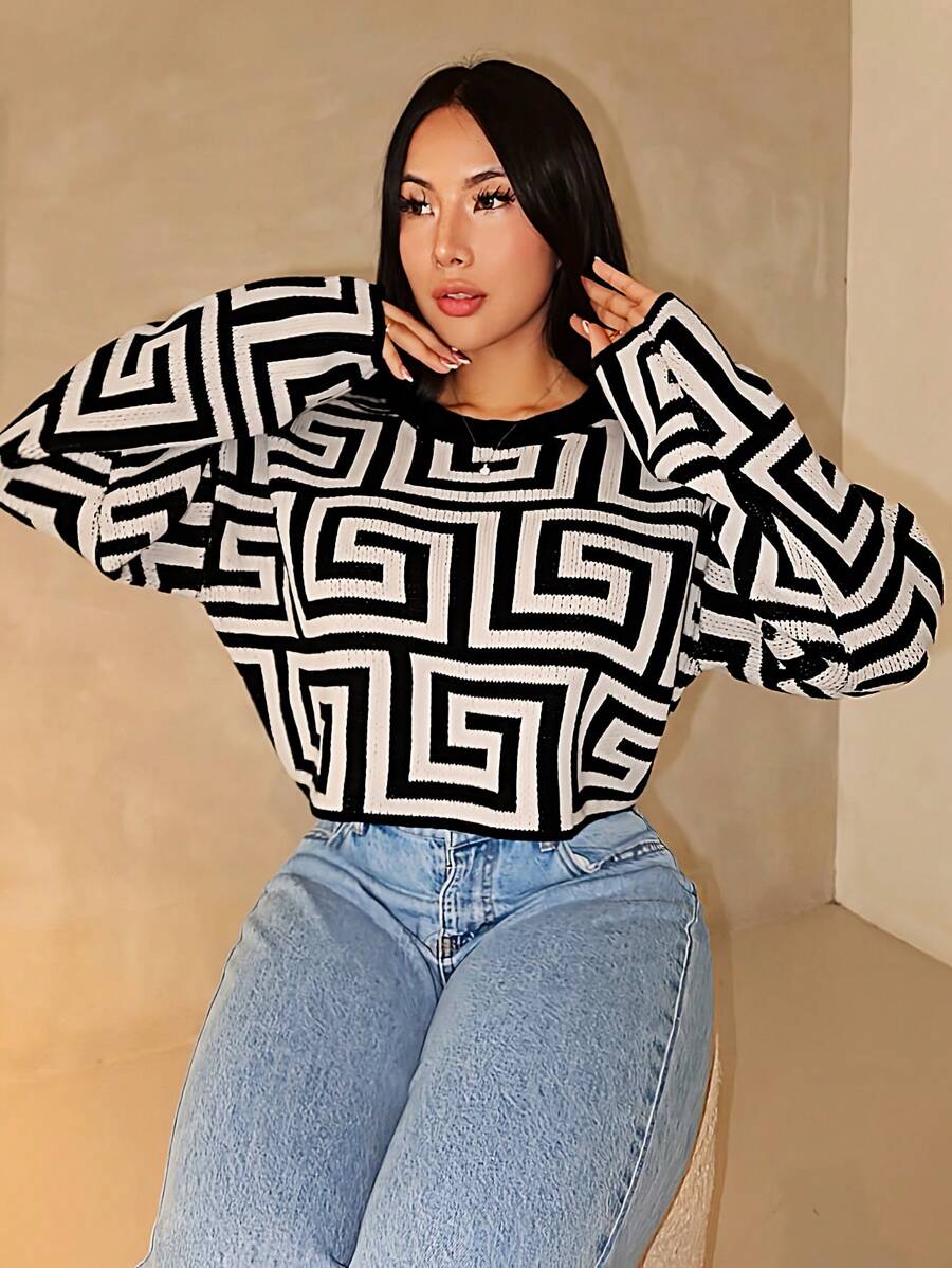 Zolique 女士圆领印花休闲长袖针织套头衫，秋冬款 - 黑色 - 查看 1