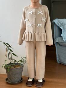 DAZY Young Girl Bow Decor Ruffle Hem Long Sleeve Cardigan And Knitted Pants Set - Khaki - View 2