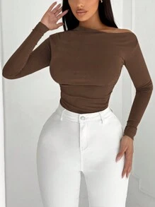 SHEIN SXY 极简主义镂空不对称单肩长袖 T 恤，适合办公室通勤 - 巧克力棕 - 查看 4